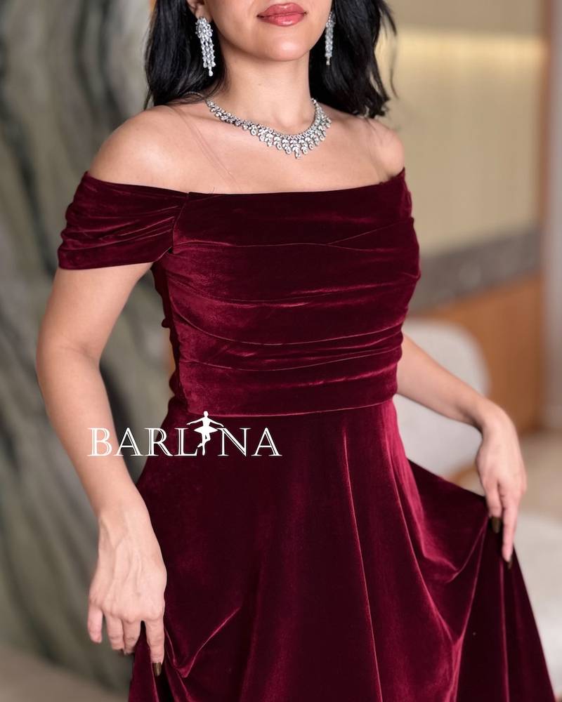 Burgundy velvet dress with soft pleats