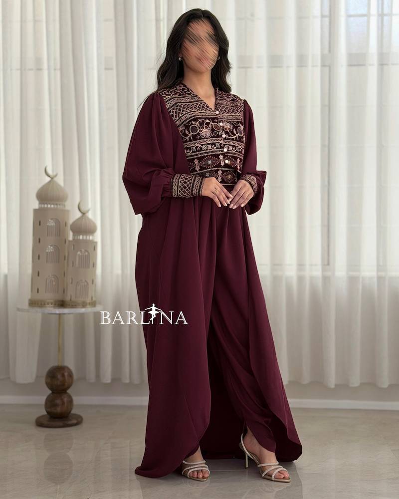 Burgundy jumpsuit jalabiya with luxurious traditional embroidery
