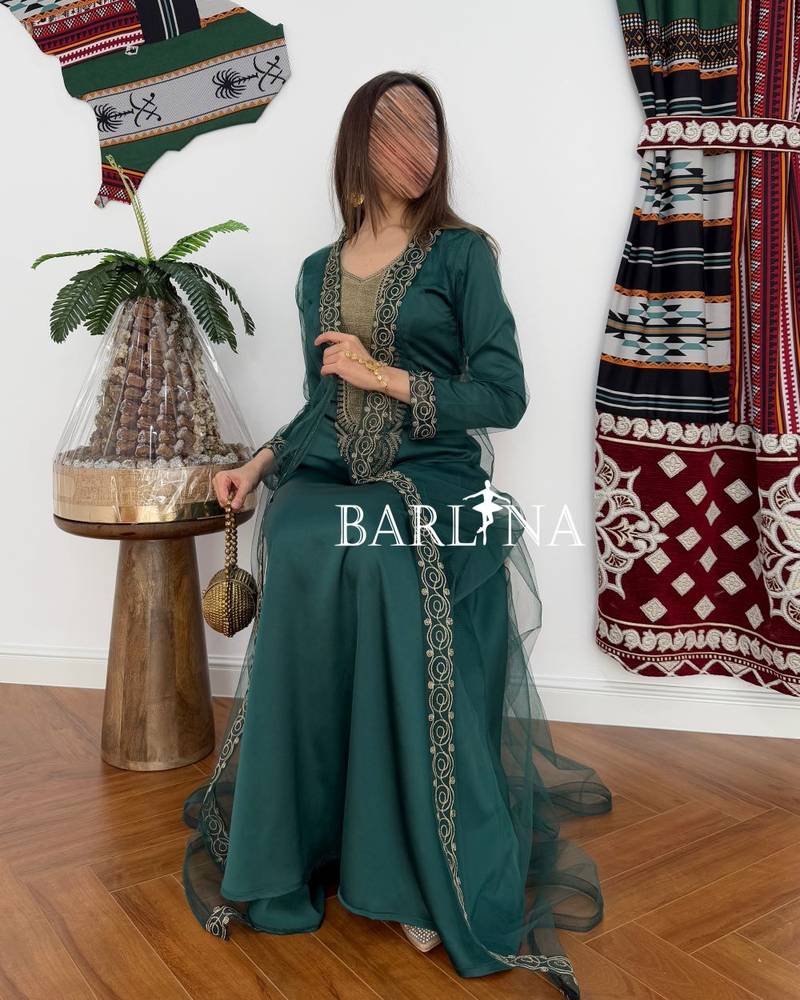 Elegant green jalabiya with gold embroidery