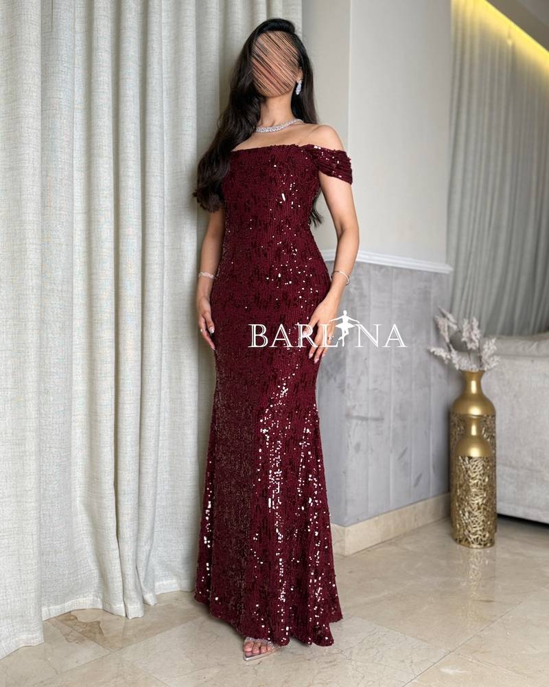Burgundy sequin off-the-shoulder dress