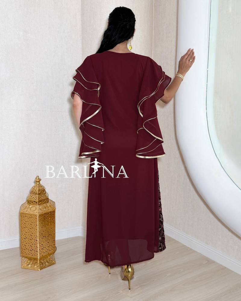 Burgundy jalabiya with a straight cut and ruffled sleeves