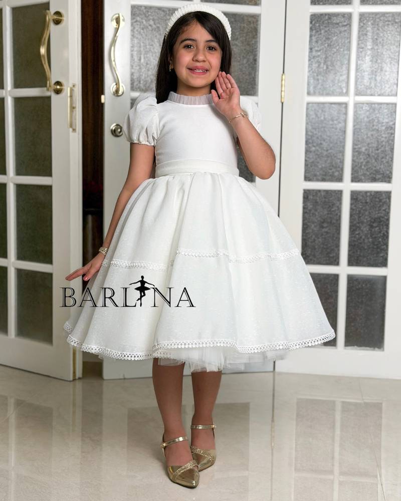 white fluffy girl's dress with short sleeves