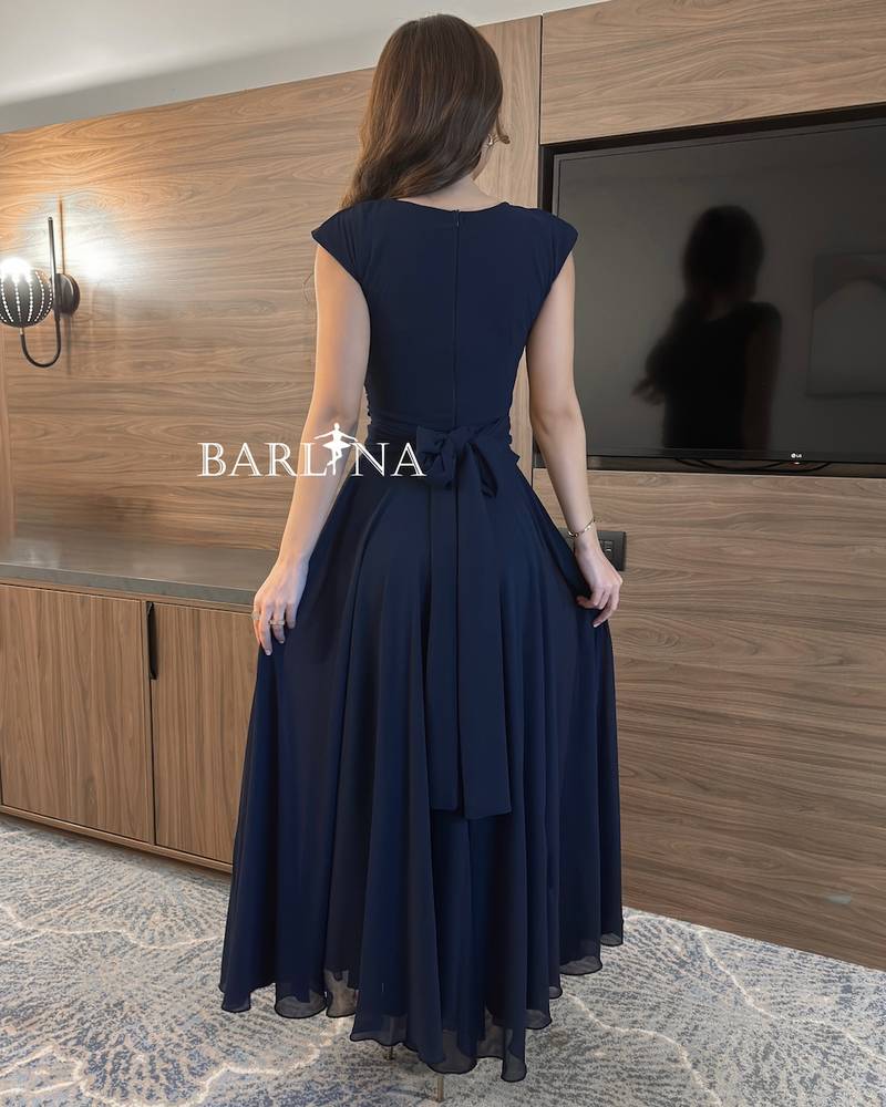 Navy blue chiffon dress with back tie detail