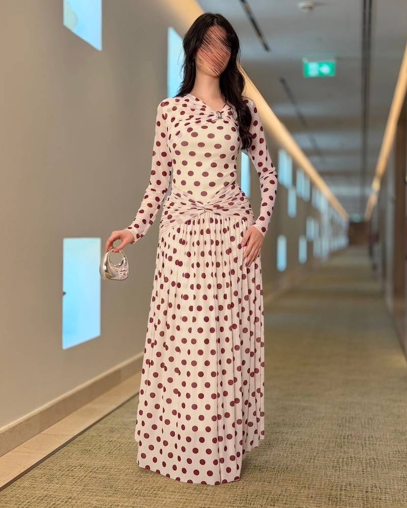 Long polka dot dress with sheer sleeves