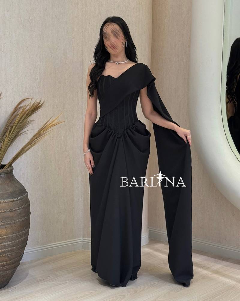 Black one-shoulder corset dress with side shawl