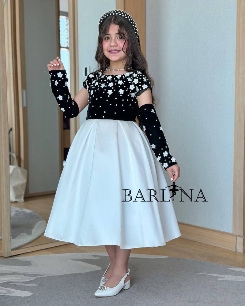 Girls' black and white dress with pearl rose embroidery