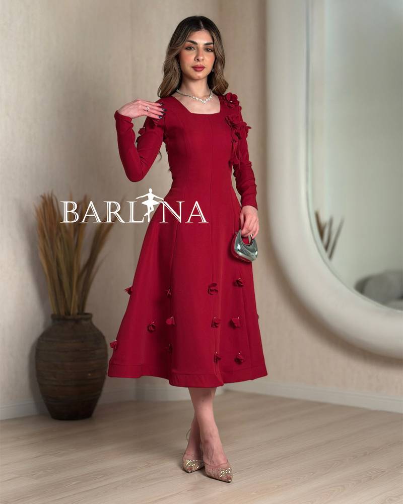 Red midi dress with floral details