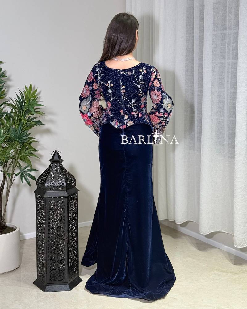 navy velvet jalabiya with an embroidered floral bodice