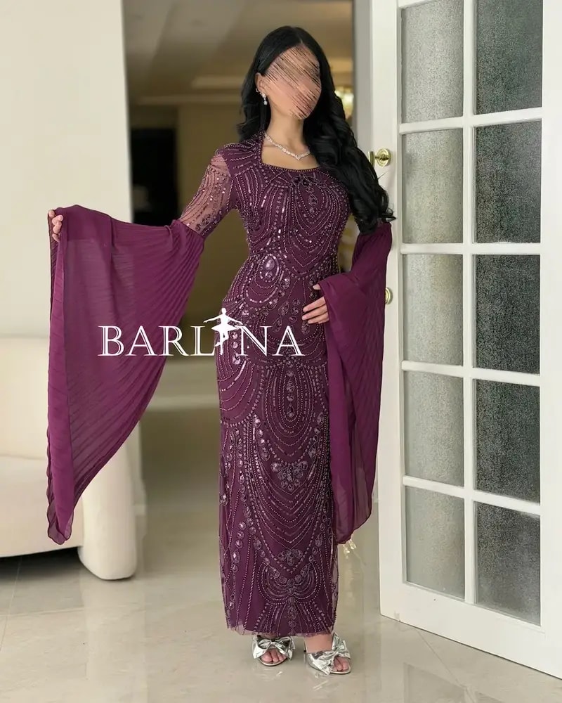 Purple occasion dress with wide sleeves, embroidered
