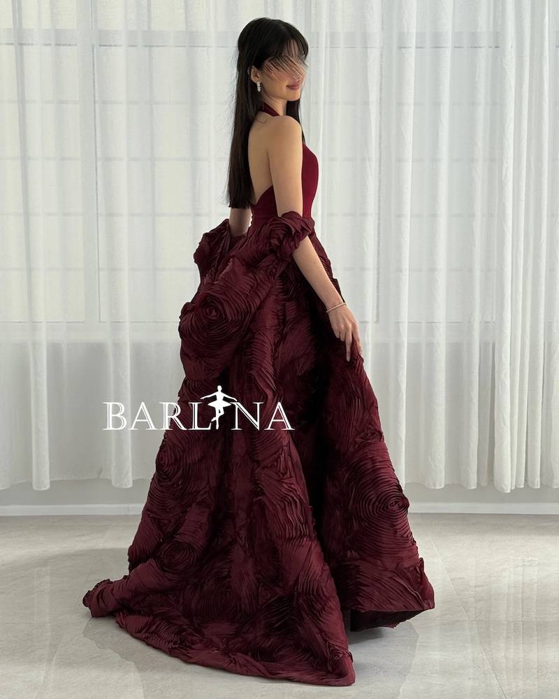 Burgundy puffy halter-style evening dress
