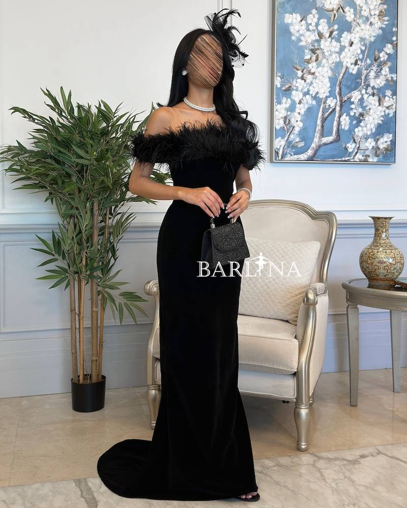 Black Velvet Maxi Dress with Feather Shoulders