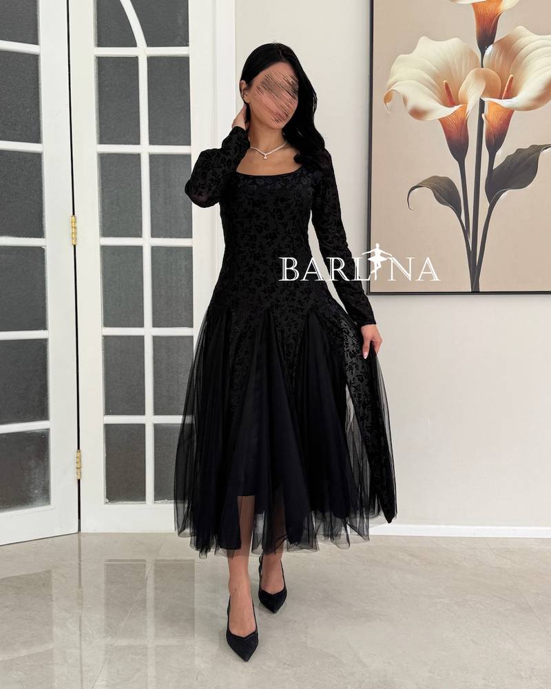 Black midi dress with velvet rose fabric