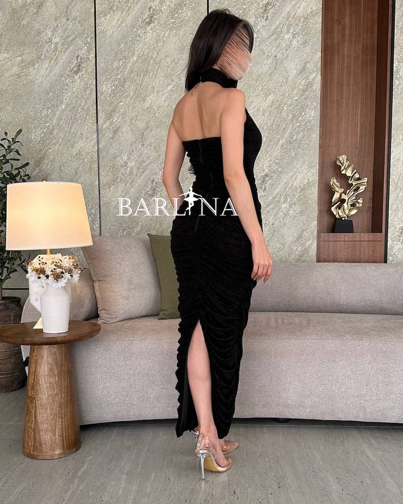 Black halter neck fitted dress