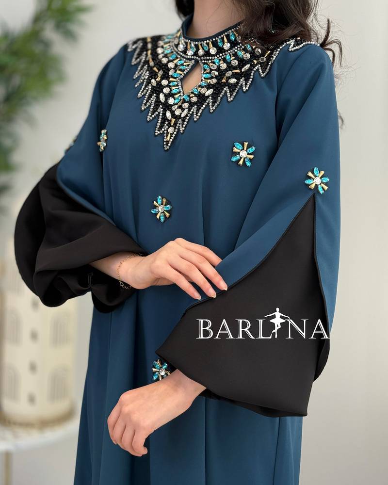 Soft petrol blue jalabiya with a studded collar