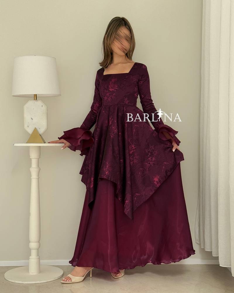 Burgundy floral dress with asymmetrical layers