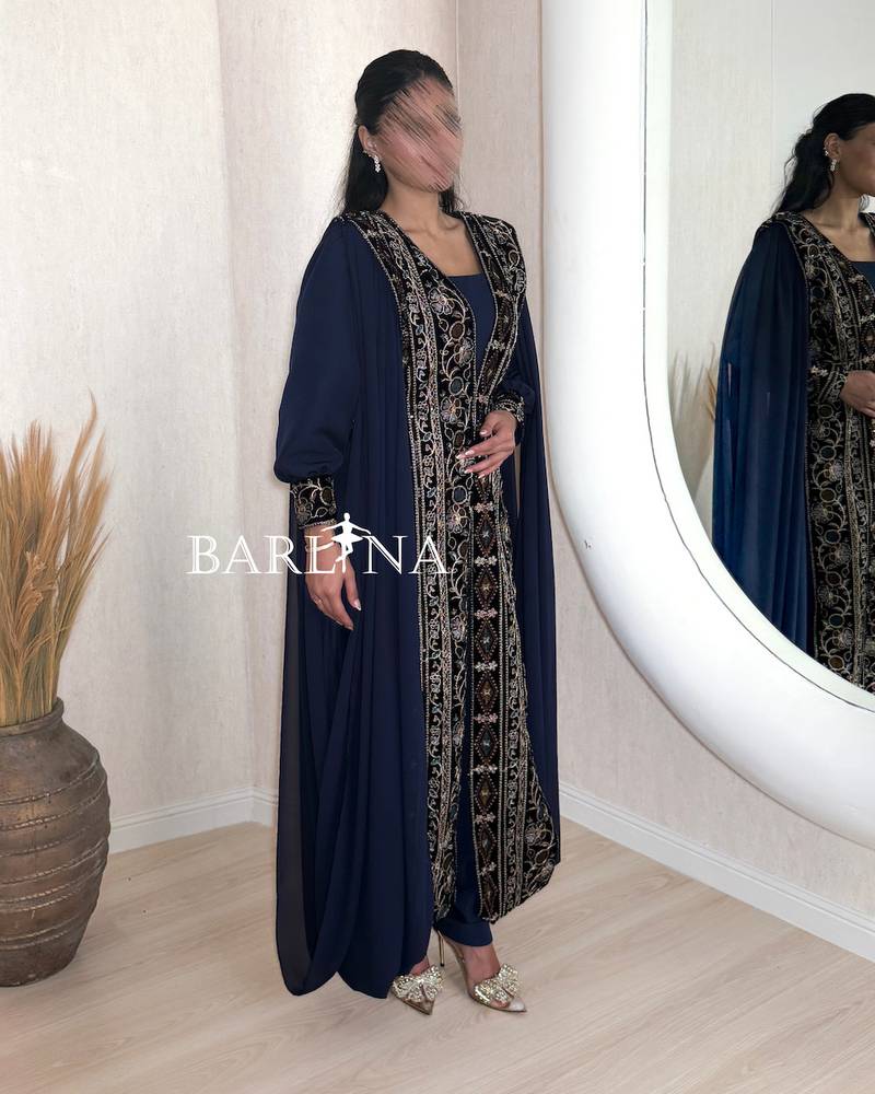 Luxurious navy blue jalabiya with exquisite embroidery