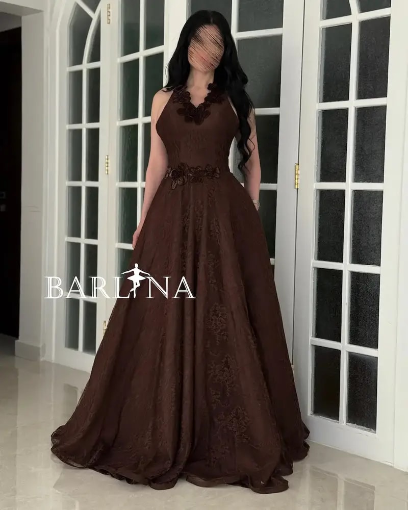 Elegant brown dress with delicate embroidery and a regal cut