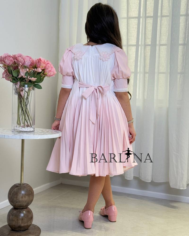 A soft, pleated girl's dress with embroidered flowers