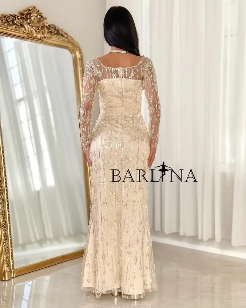 Beige evening dress with sparkling embroidery
