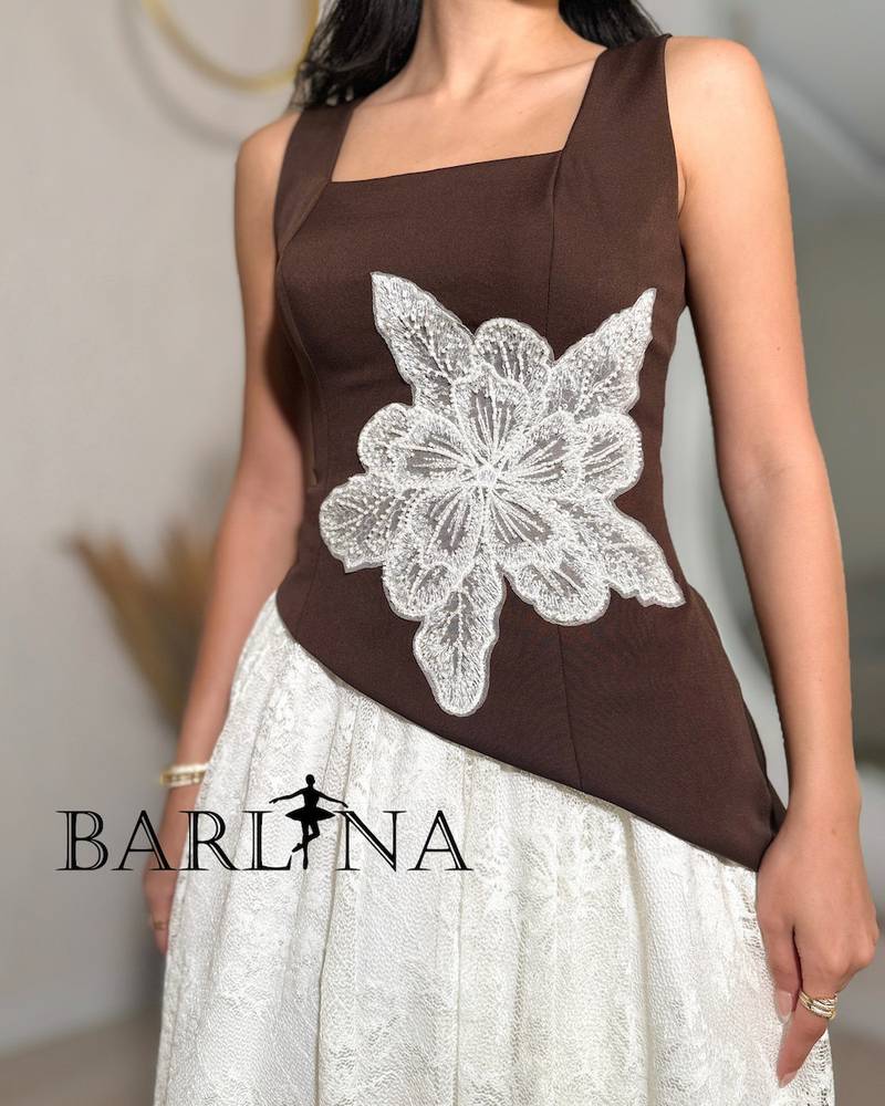 Soft brown and white embellished dress