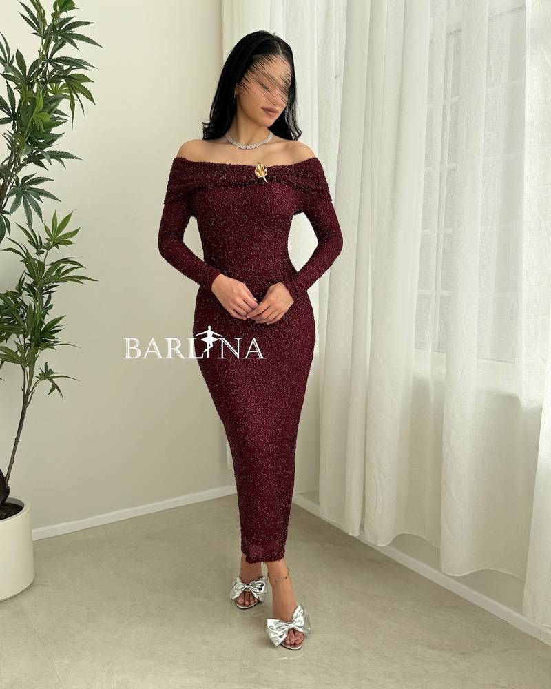 Off-shoulder dress embroidered with beads