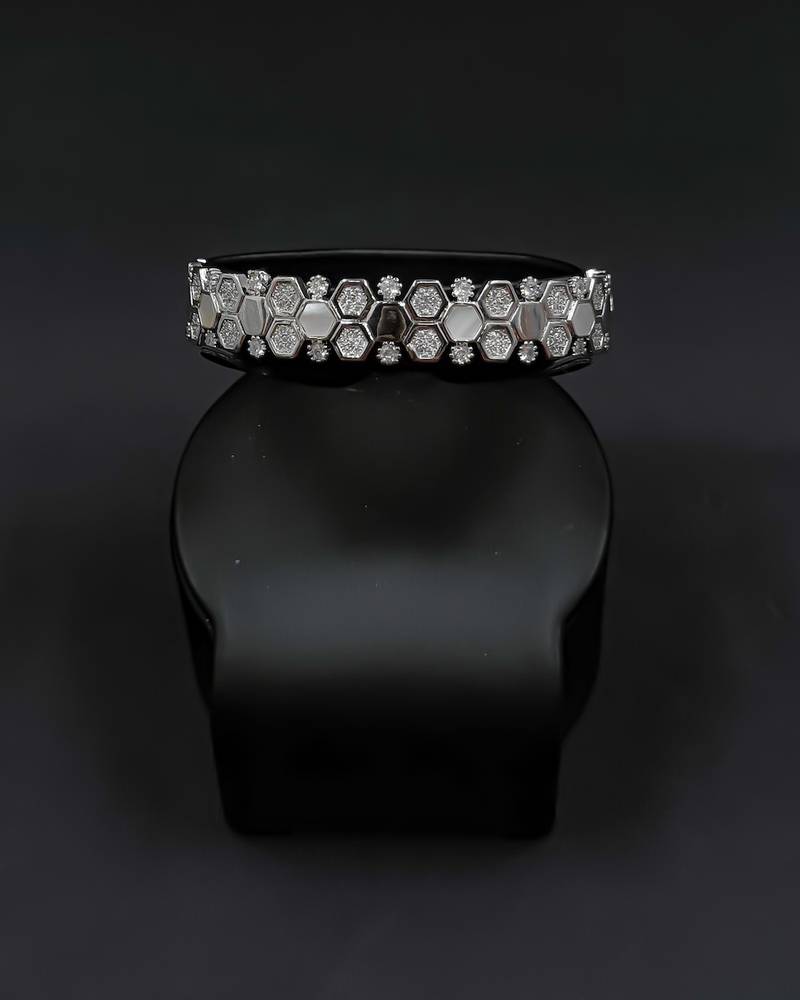 Matching silver bracelet and ring with hexagonal stones