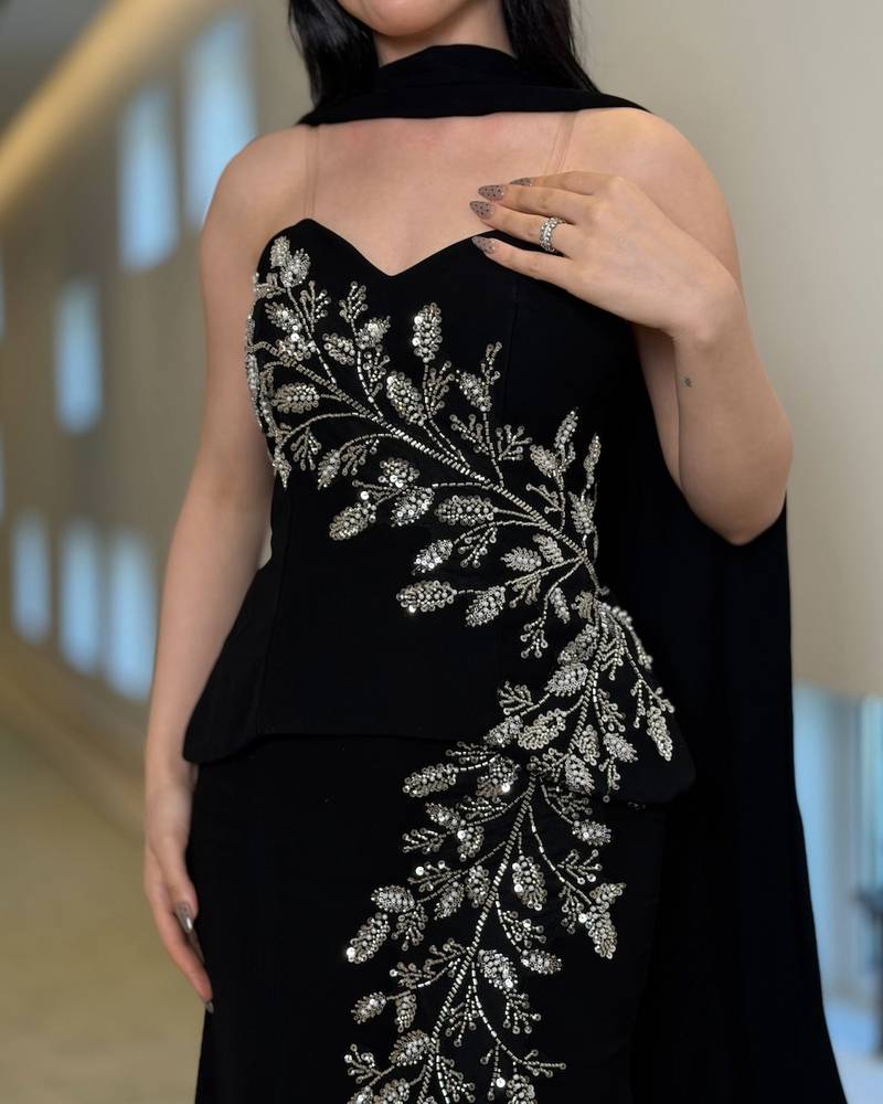 Luxurious black evening dress with silver embroidery