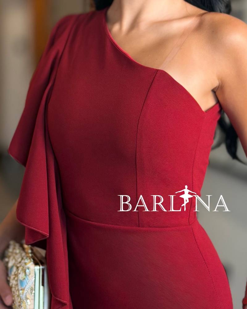 Burgundy one-shoulder dress with side ruffles