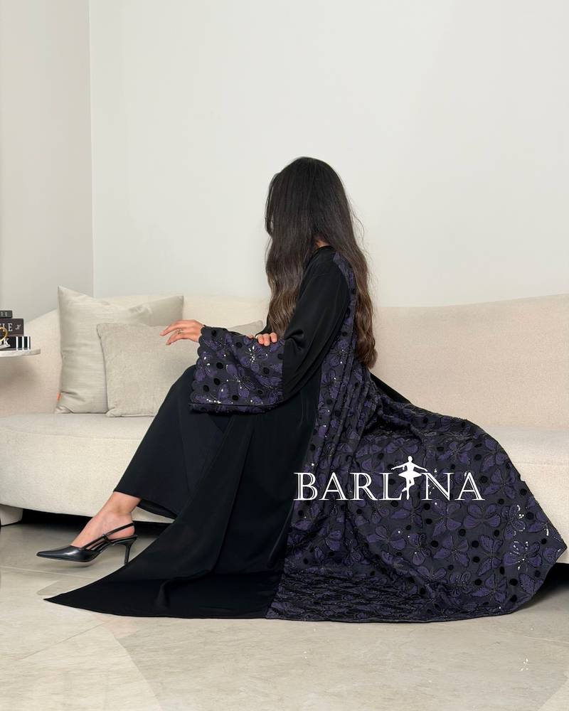Luxurious black abaya with purple embroidery