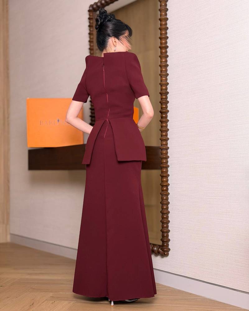 Elegant burgundy off-shoulder dress