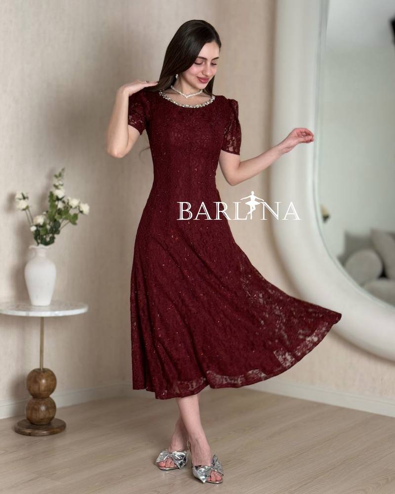 Burgundy dress with crystal embroidered neckline