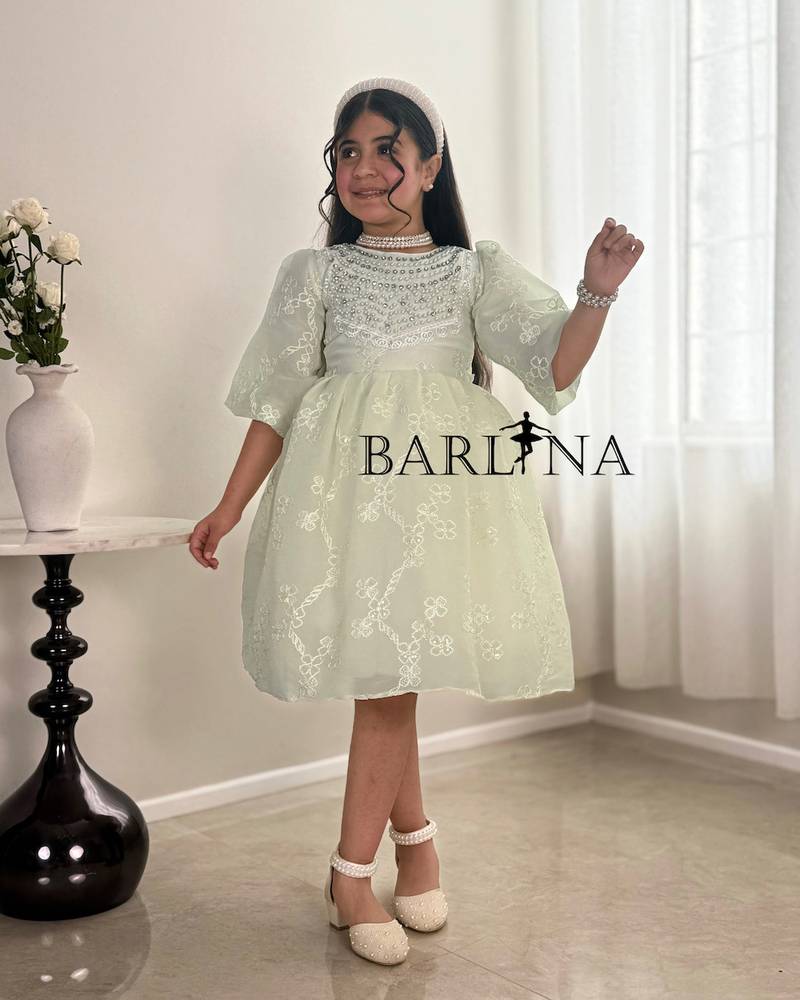 A soft, pearl-decorated girl's dress