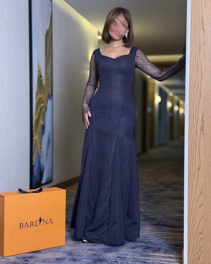 Navy lace dress with long sheer sleeves