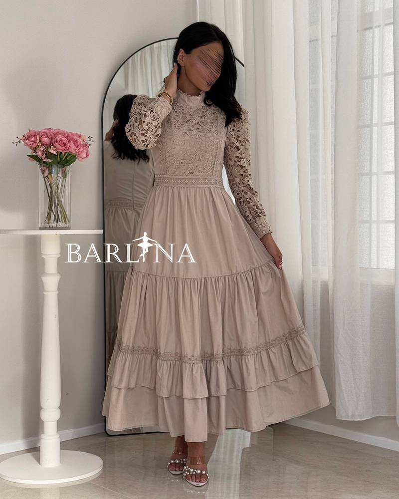 Long beige dress with a lace bodice
