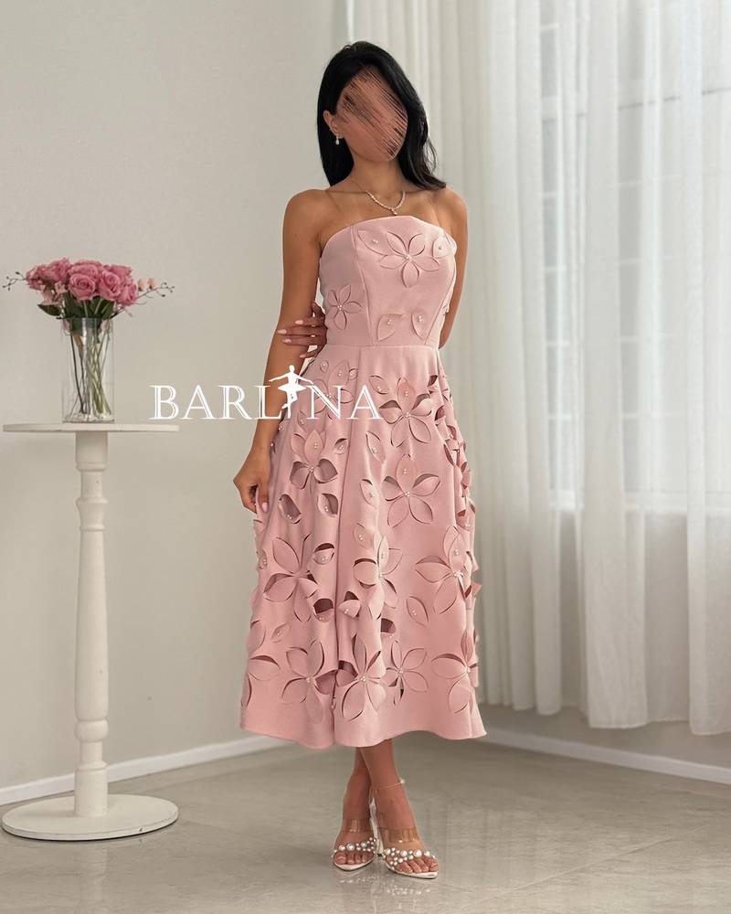 strapless pink dress with openwork floral print