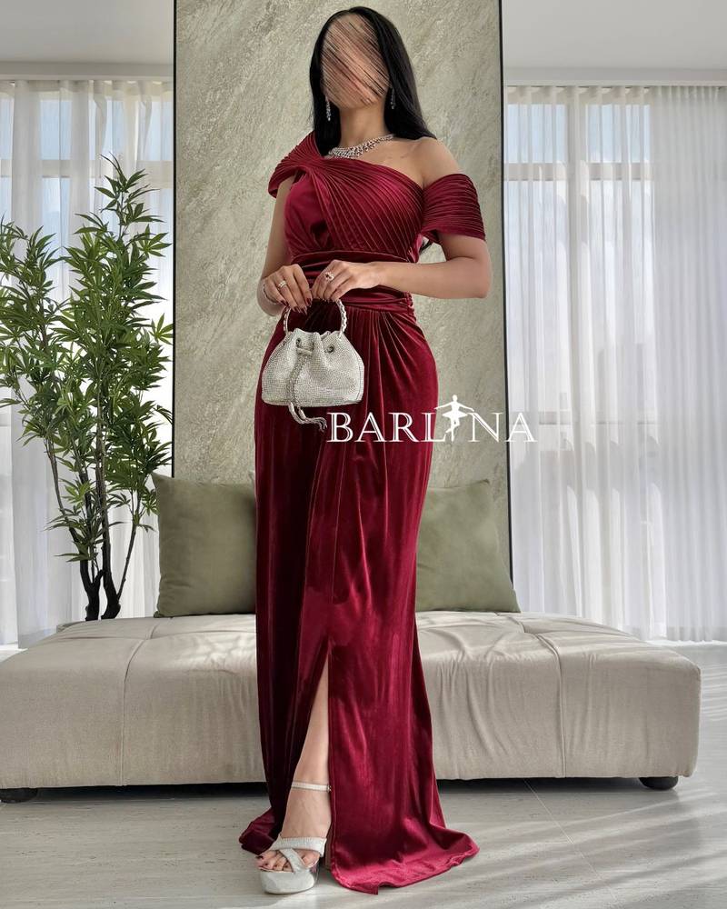Elegant dark red velvet dress with side slit