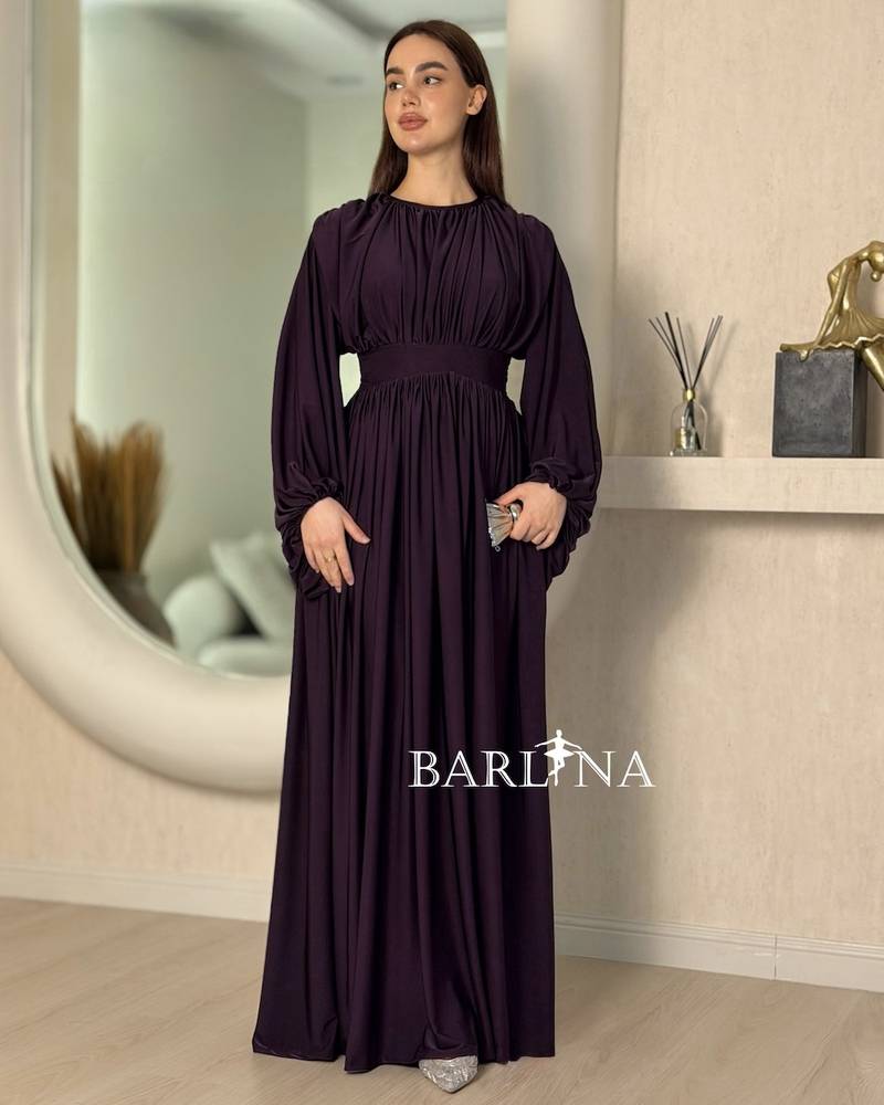 Dark purple ruched dress with wide sleeves