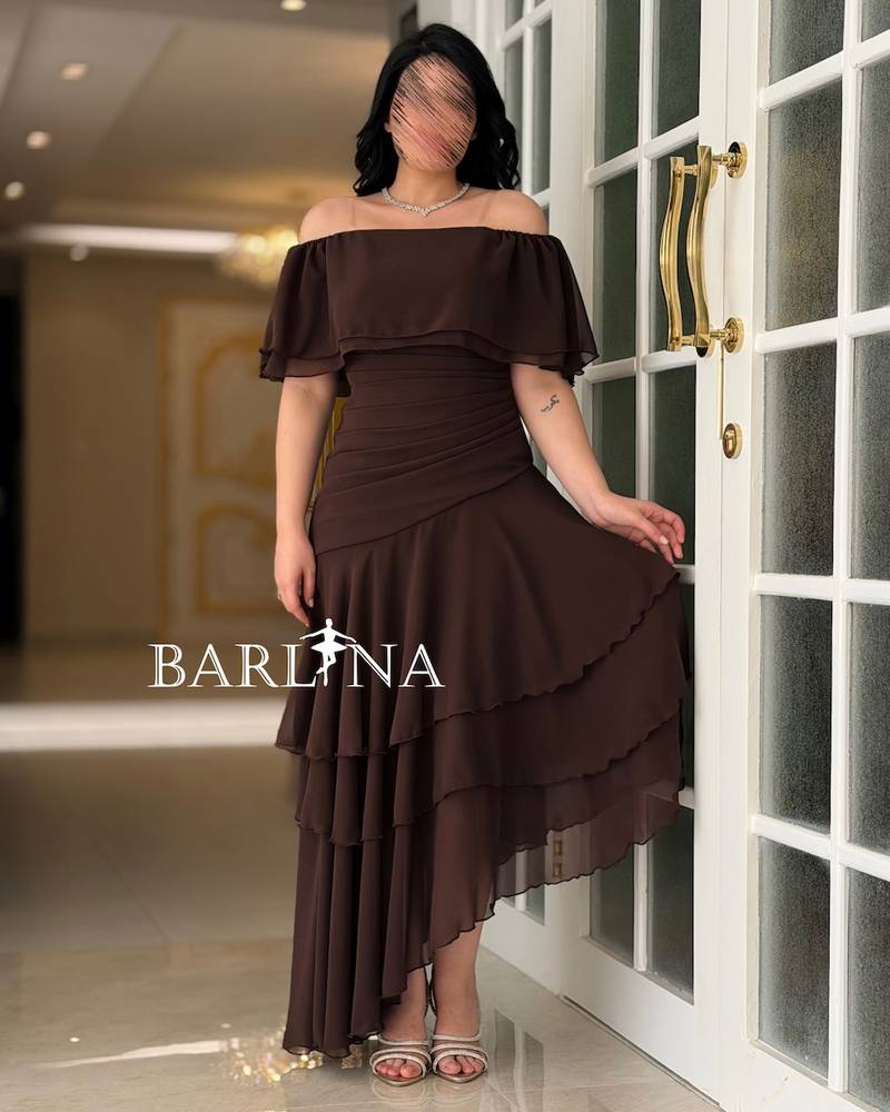 Soft brown off-shoulder dress with chiffon layers