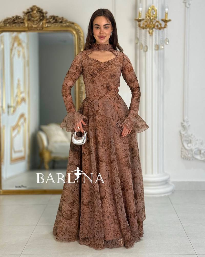 Luxurious brown evening dress with a long cut