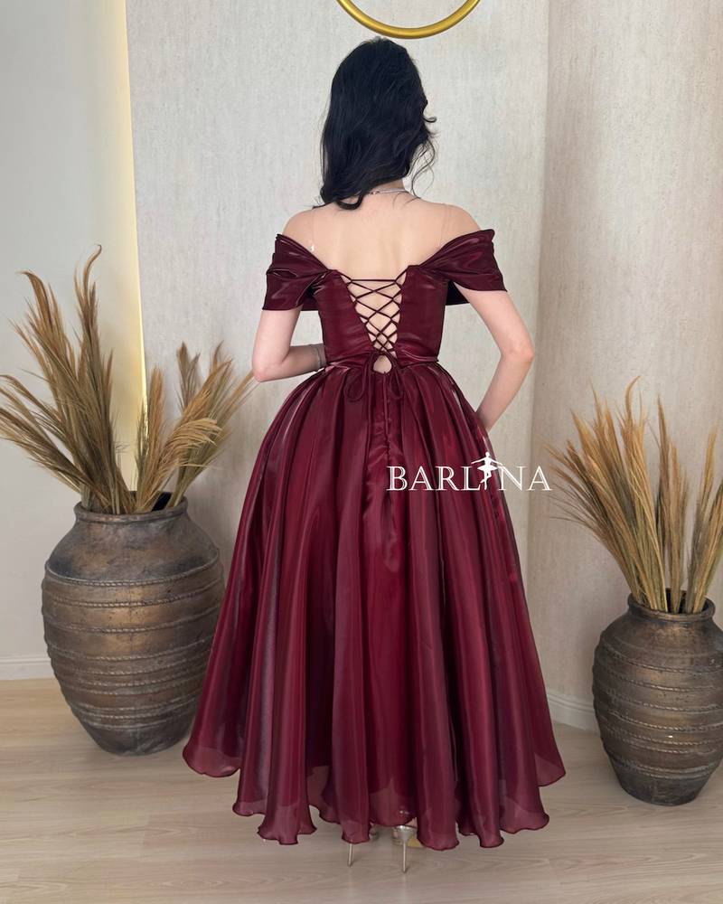 Burgundy off-shoulder corset dress