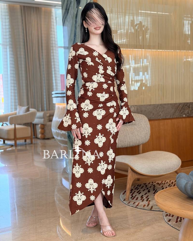 Soft copper brown dress with floral patterns