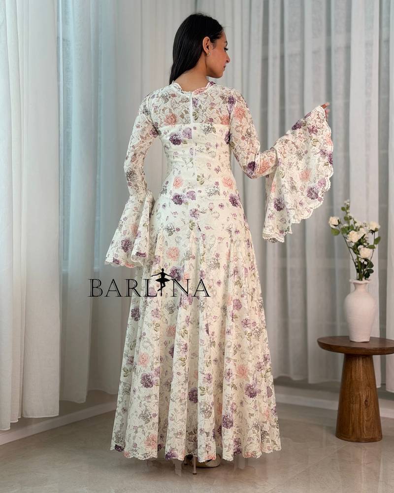Off-white floral maxi dress with wide sleeves