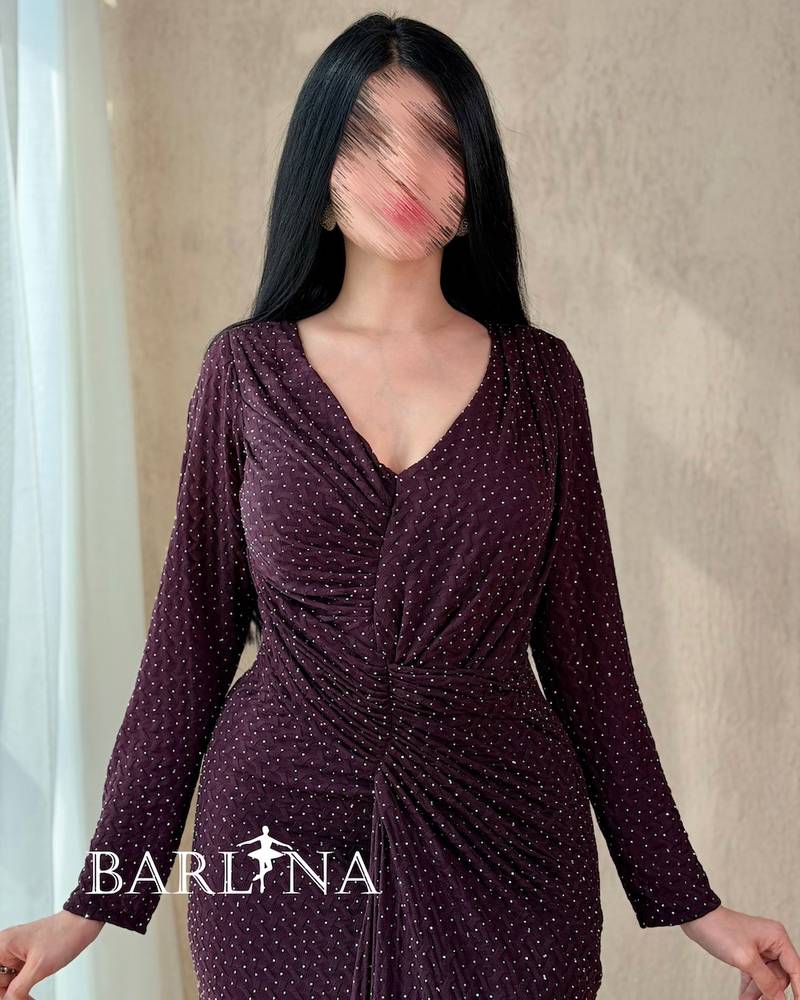 A dark burgundy dress studded with small sequins