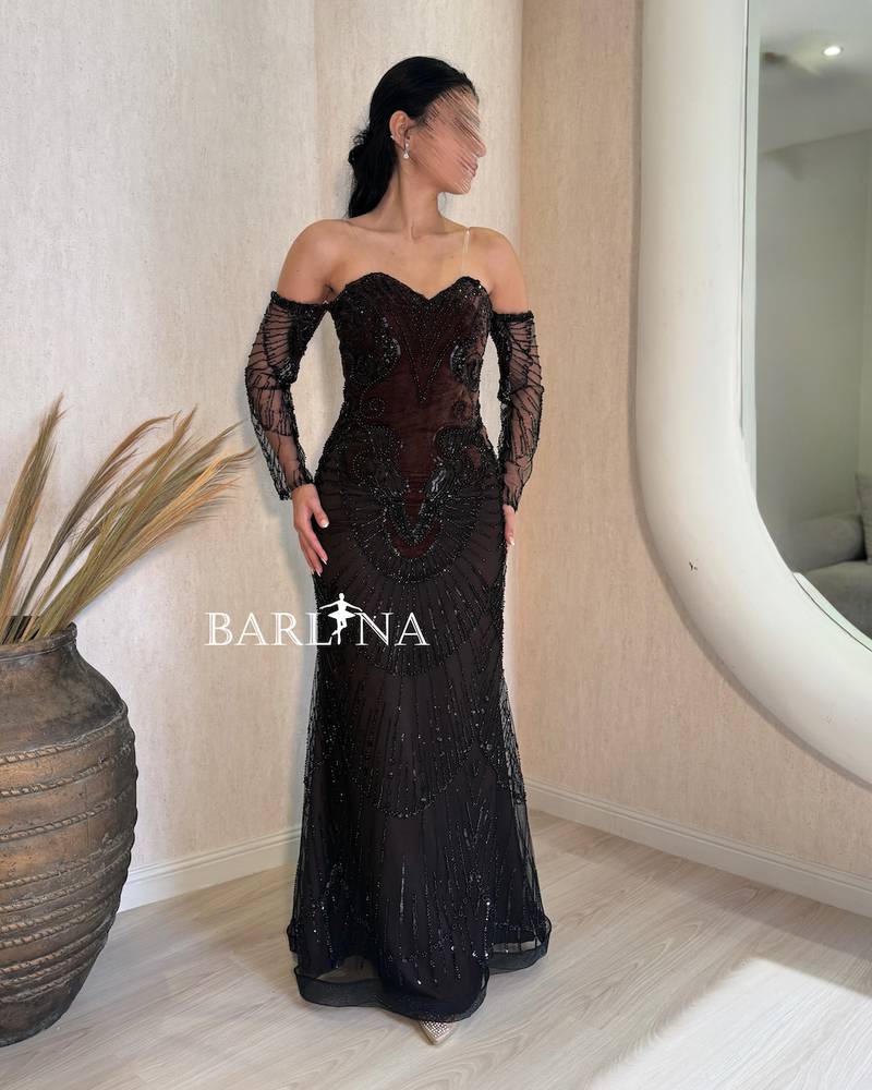 Black embroidered off-shoulder evening dress
