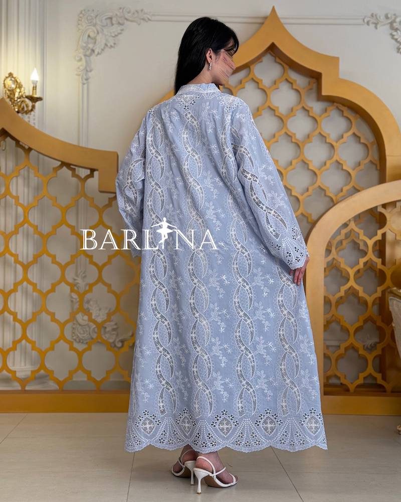 Long sky blue jalabiya with lace embroidery