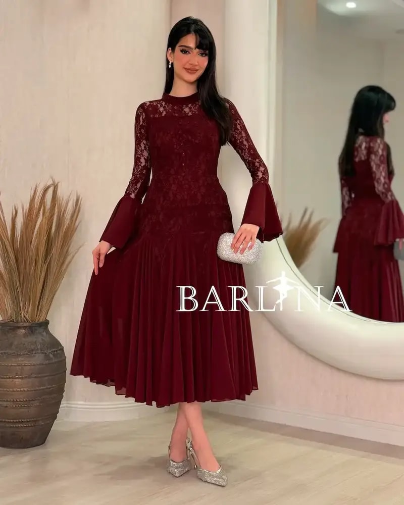 Burgundy lace dress with chiffon trim sleeves