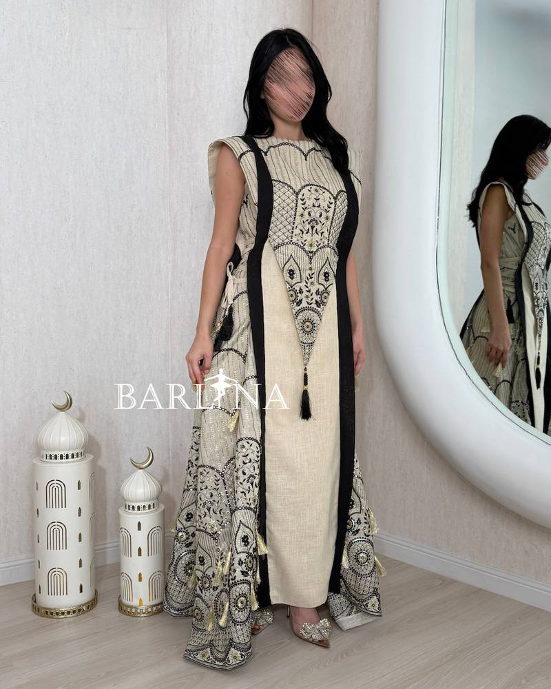 Beige jalabiya with artistic black embroidery and stripes