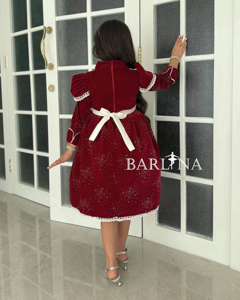 Girls' burgundy velvet dress with white details