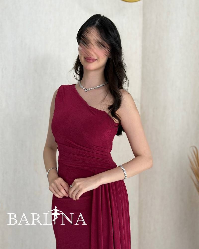 Burgundy one-shoulder dress with soft pleats