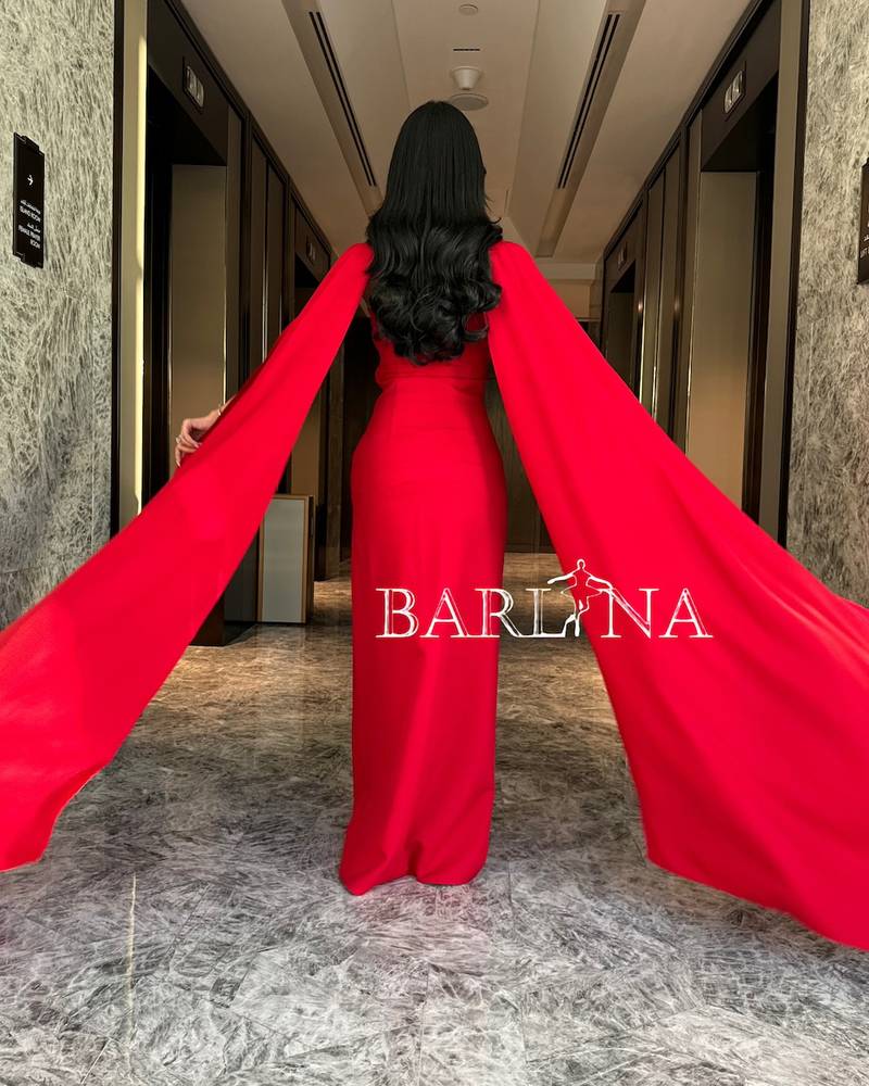 Elegant red maxi dress with long shawl